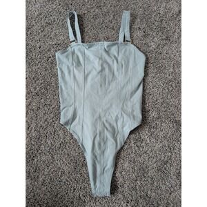 HM Sage Green Corset Seamed Ribbed Bodysuit Gold Hardware Square Neck‎ Small